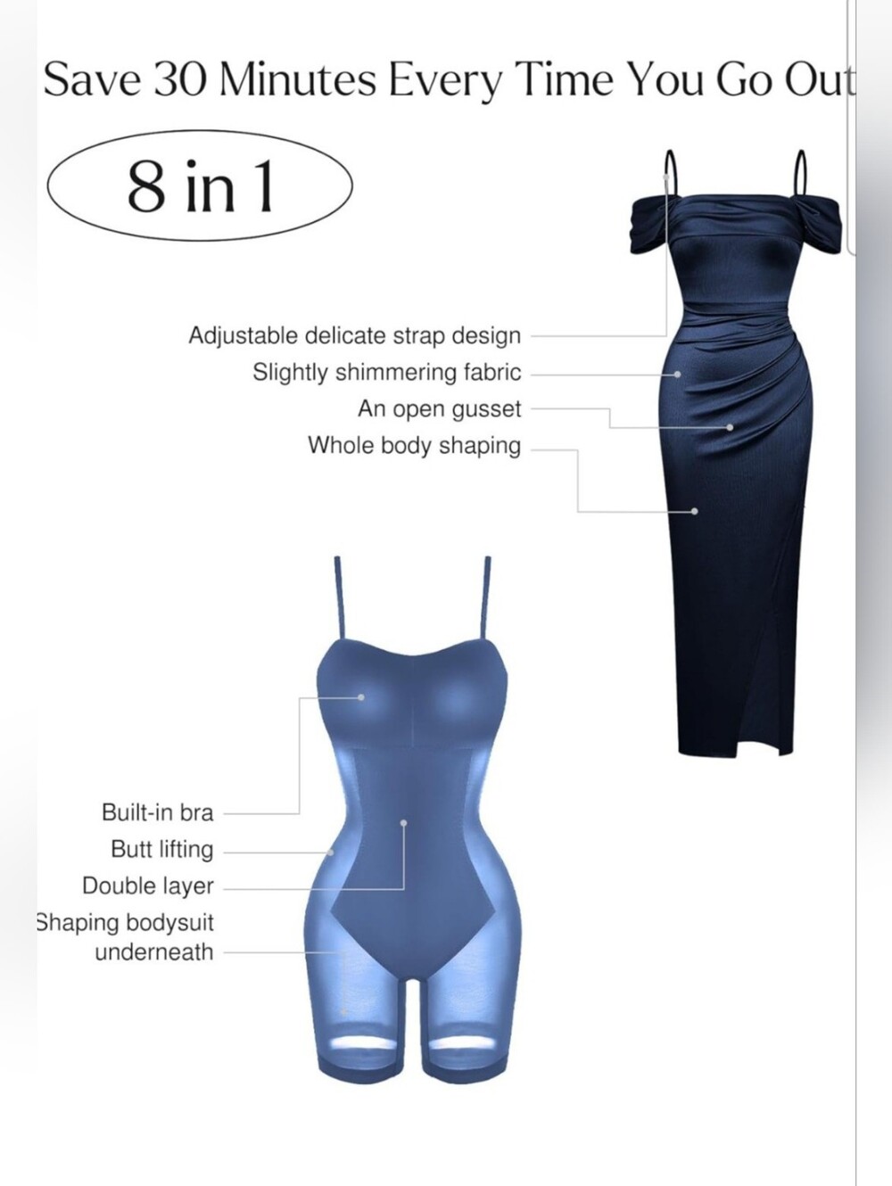 Popilush Women's Navy Shimmer Off The Shoulder 8 In 1 Shapewear Maxi Dress Large - Picture 4 of 16
